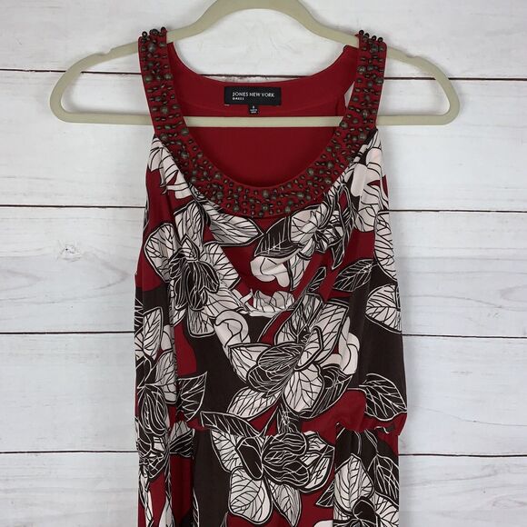 Jones New York Dress maxi Long 8 medium red brown floral blouson red wood Beads - Picture 5 of 12